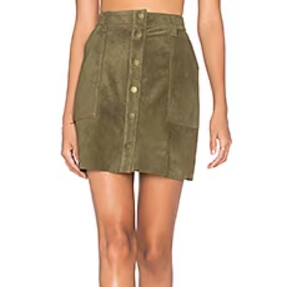 Current/Elliott The Leather Suede Button Front Naval Skirt in Olive Green - Picture 3 of 12